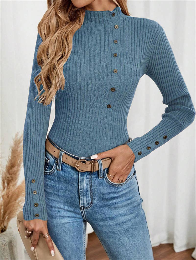 Button long-sleeved knitted base layer top