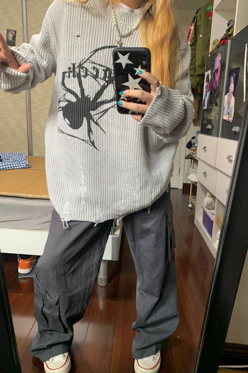 CWOSWL5746_PRINTED LONG SLEEVE CASUAL RIPPED KNIT SWEATER