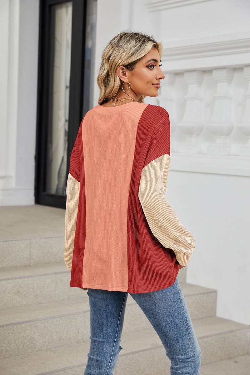 CWTBLL2358_ROUND NECK LOOSE STITCHING LONG SLEEVE TOP
