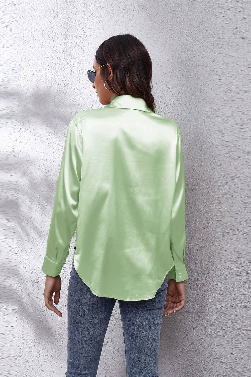 CWTBLL0691_Button Down Silky Satin Long Sleeve Top