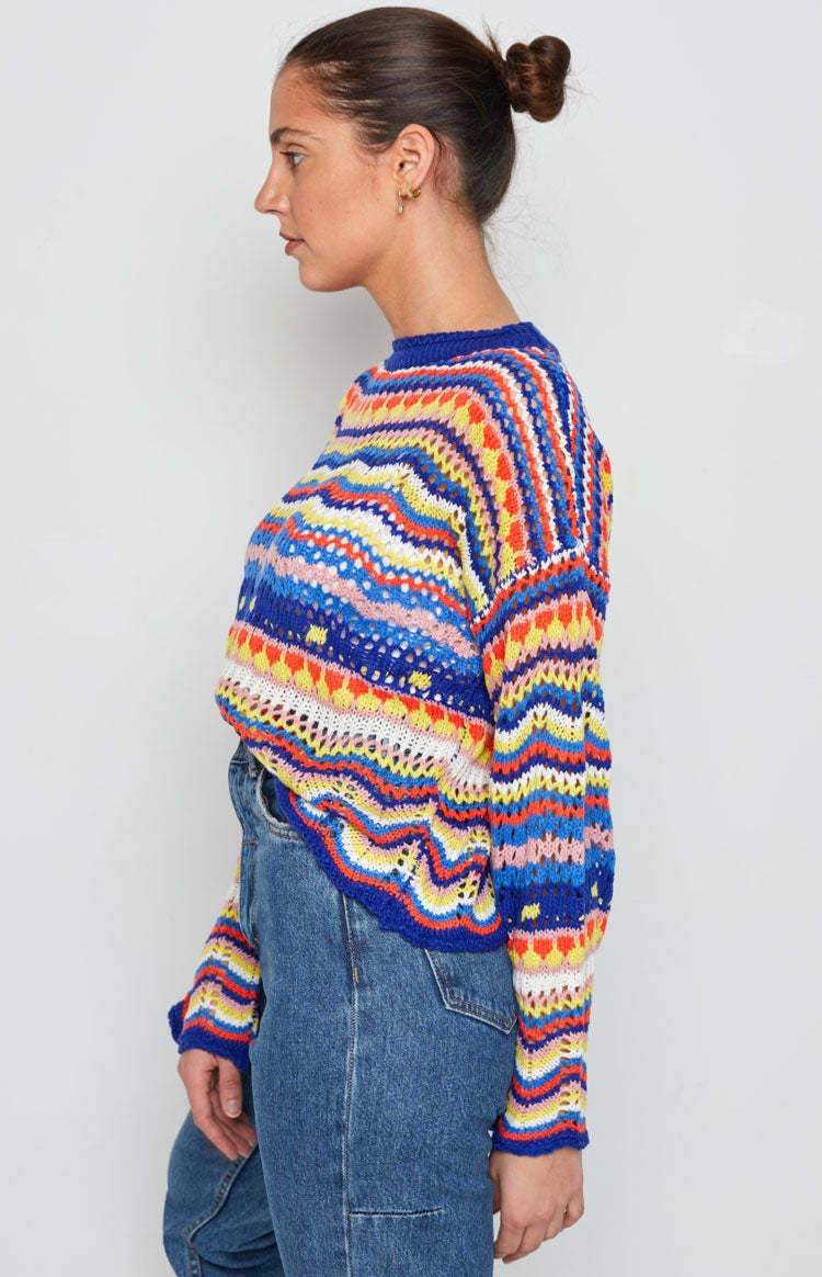 CREW NECK LONG SLEEVE PATCHWORK PULLOVER SWEATER
