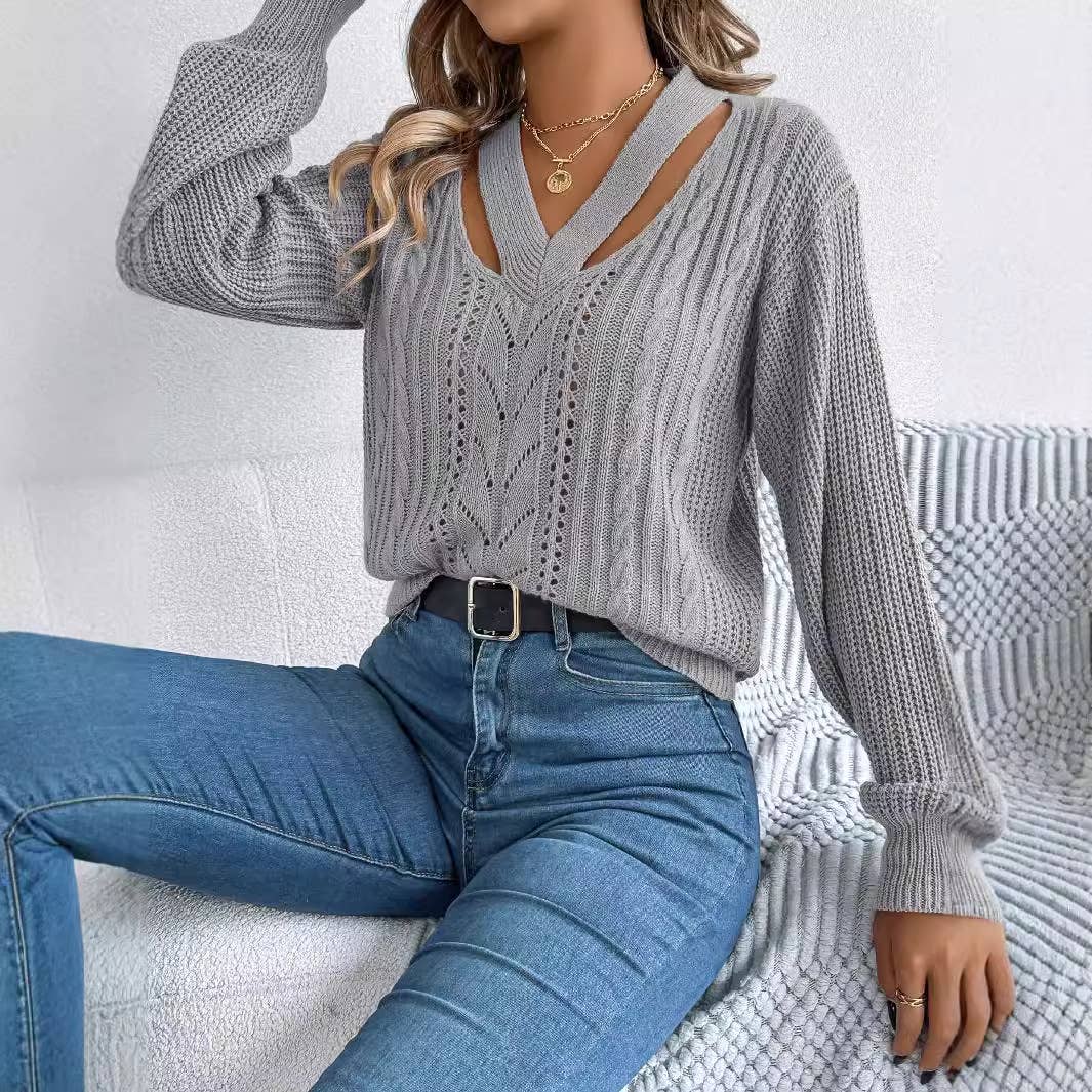 CASUAL CUTOUT V-NECK TWIST PULLOVER SWEATER