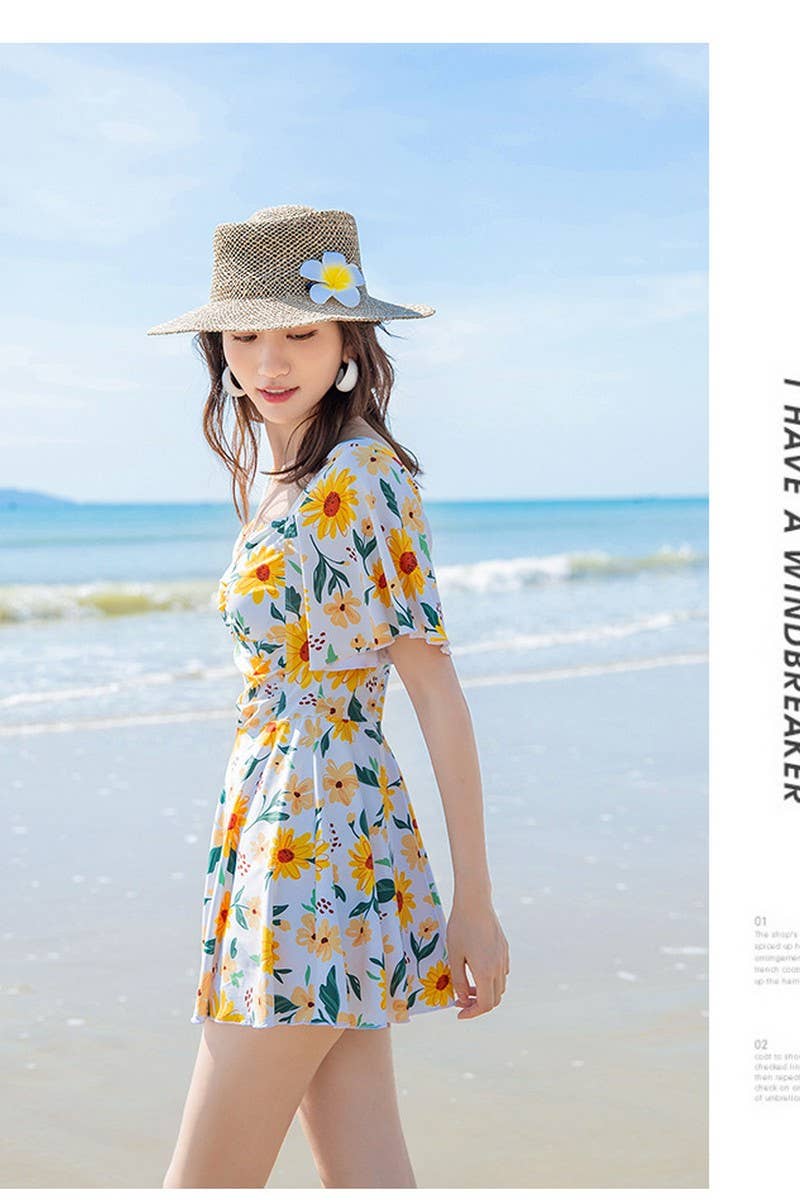 CWMW0866_FLORAL SLIM SHORT SLEEVE ONE-PIECE SWIMSUIT DRESS