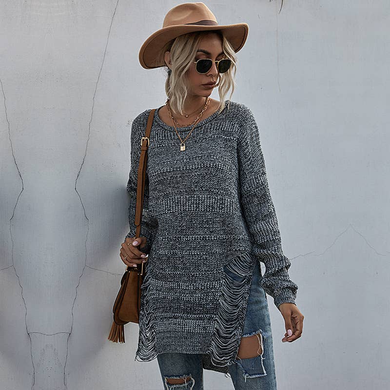 CREW-NECK MID-LENGTH FASHION HOLLOW-OUT SWEATER