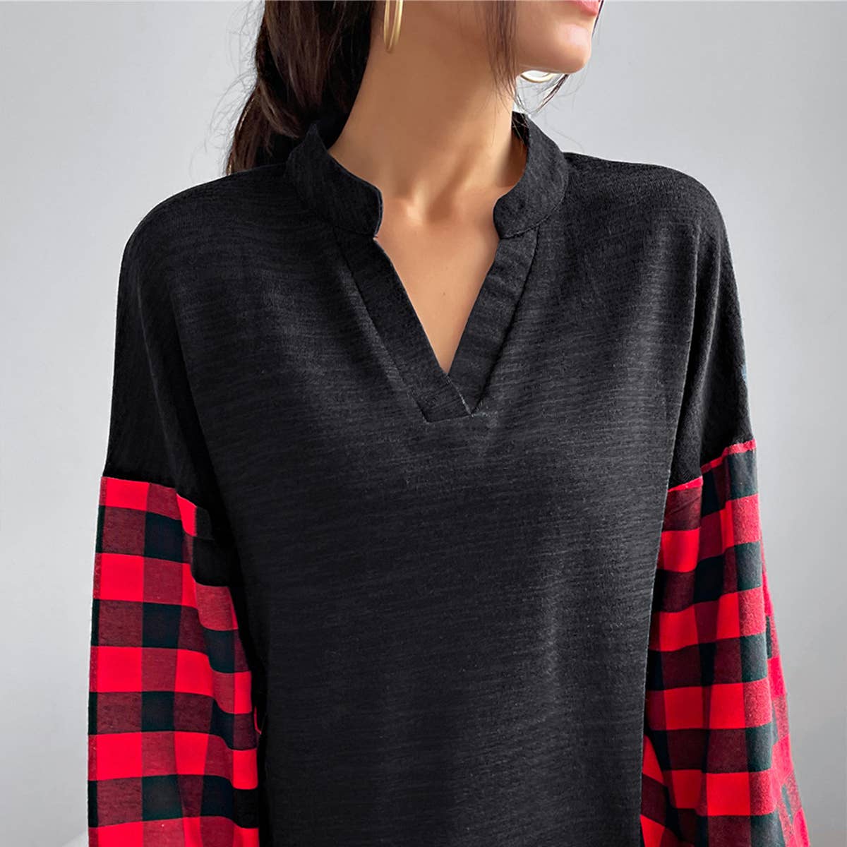 Classic casual patchwork plaid long-sleeved top