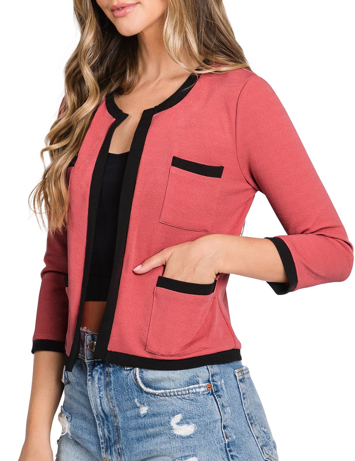 CWOBL103_3/4 Sleeve Bolero Open Front Cardigan