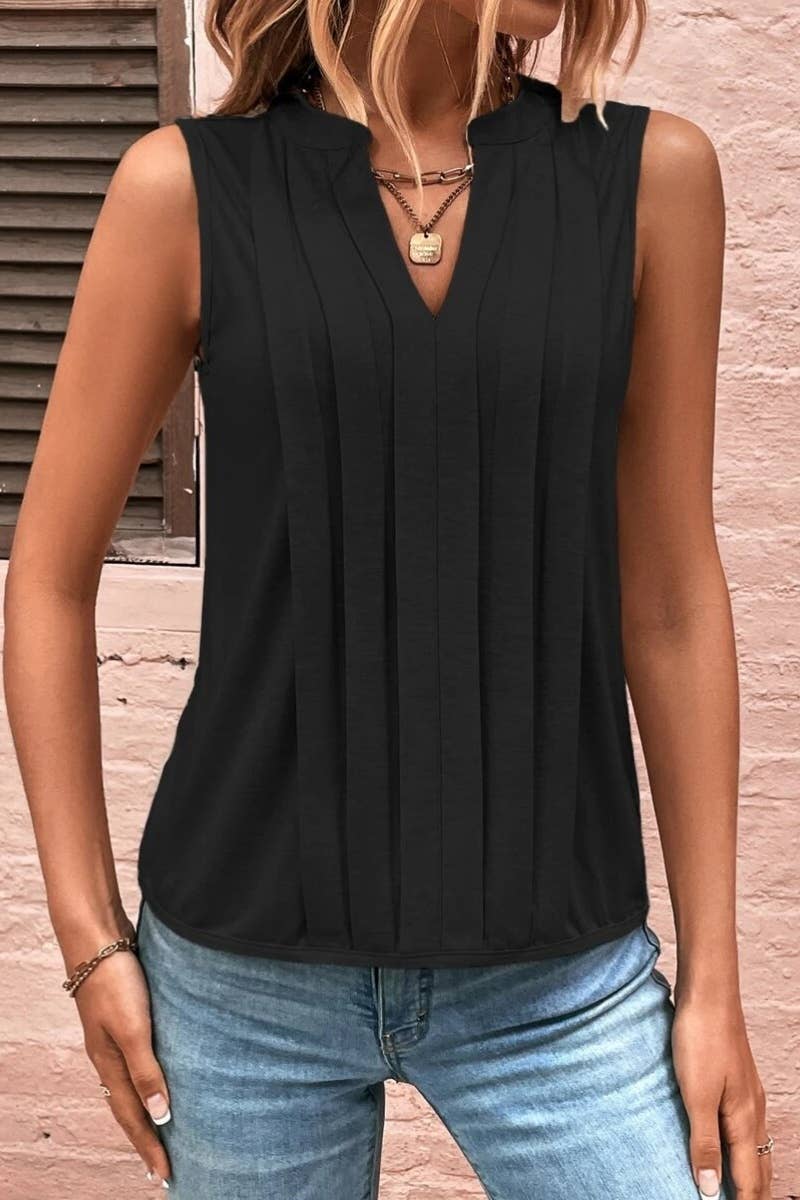 CWOV0331_SUMMER FASHION PLEATED V-NECK TANK TOP