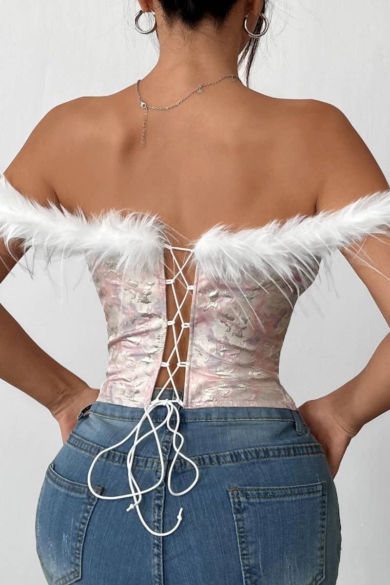 CWTTT0054_OFF-SHOULDER FUR PATCHWORK HERRINGBONE TOP