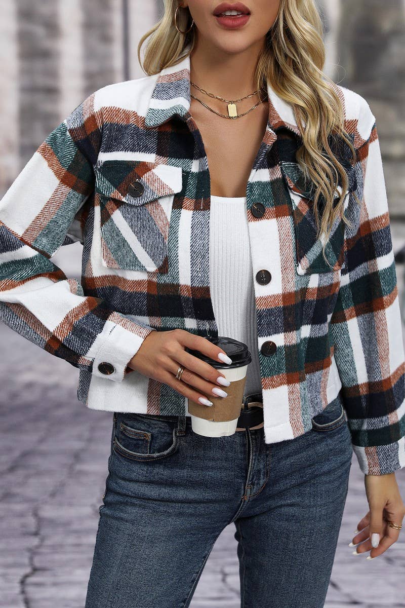 CWOCO1100_LAPEL LONG SLEEVE POCKET PLAID SHORT COAT