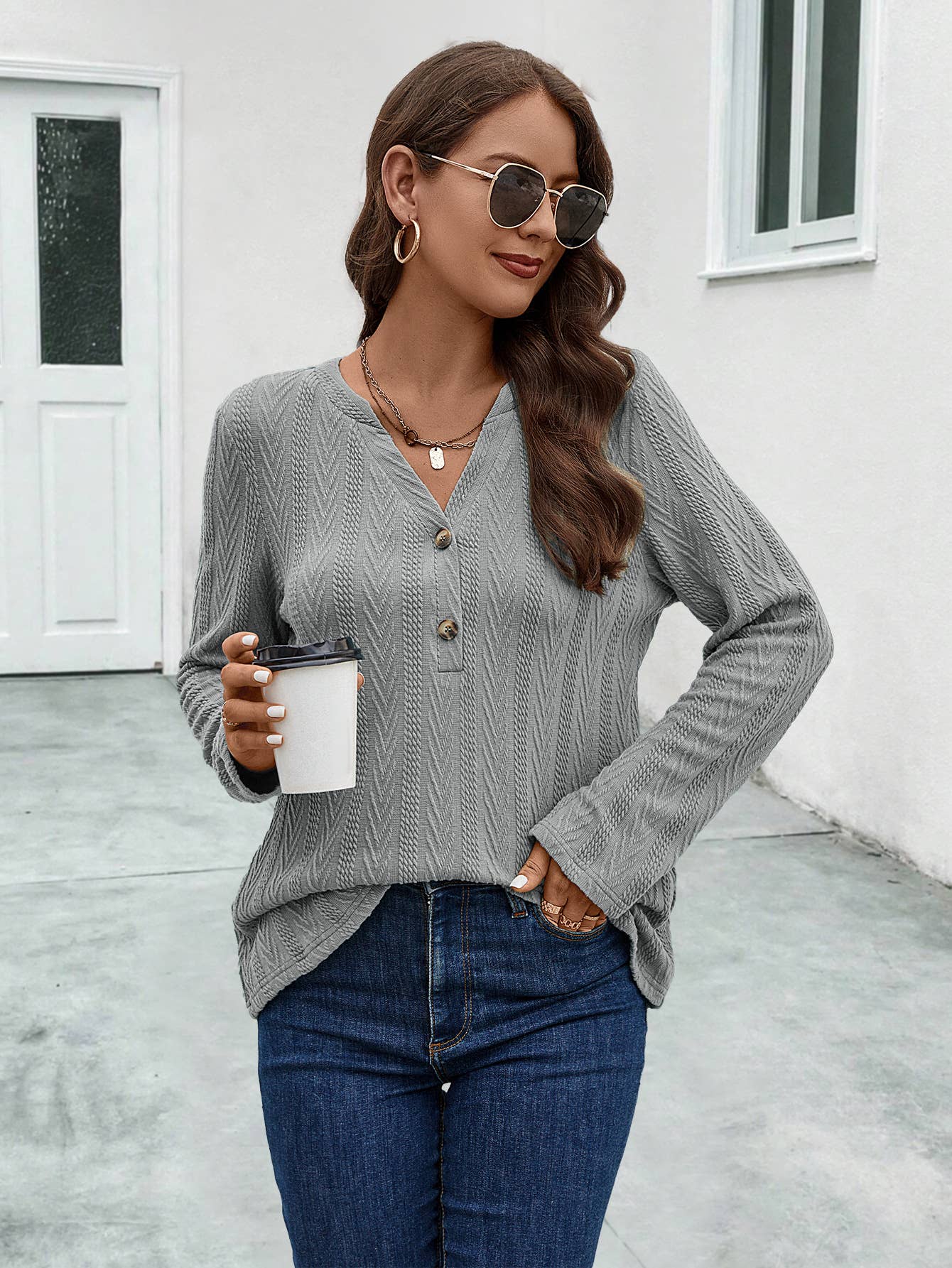 BUTTON KNIT FABRIC LONG SLEEVE TOP