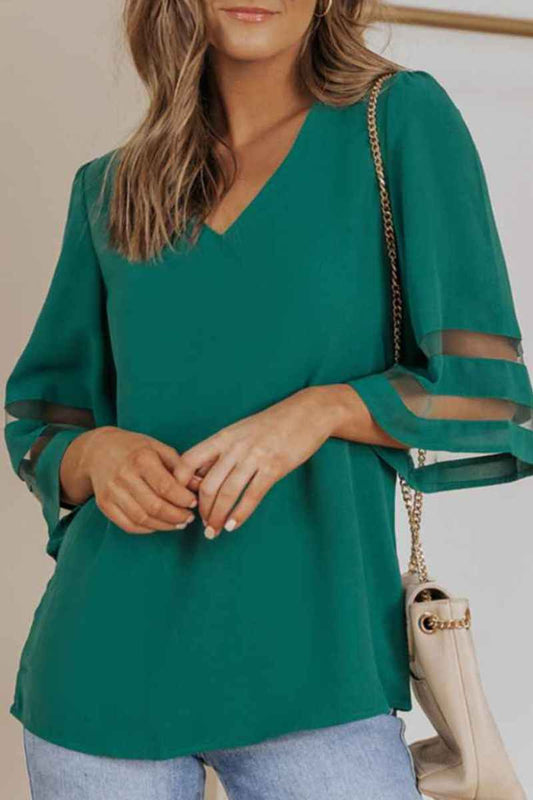 CWTBLS1323_MESH SEE-THROUGH SEVEN-QUARTER SLEEVE TOP