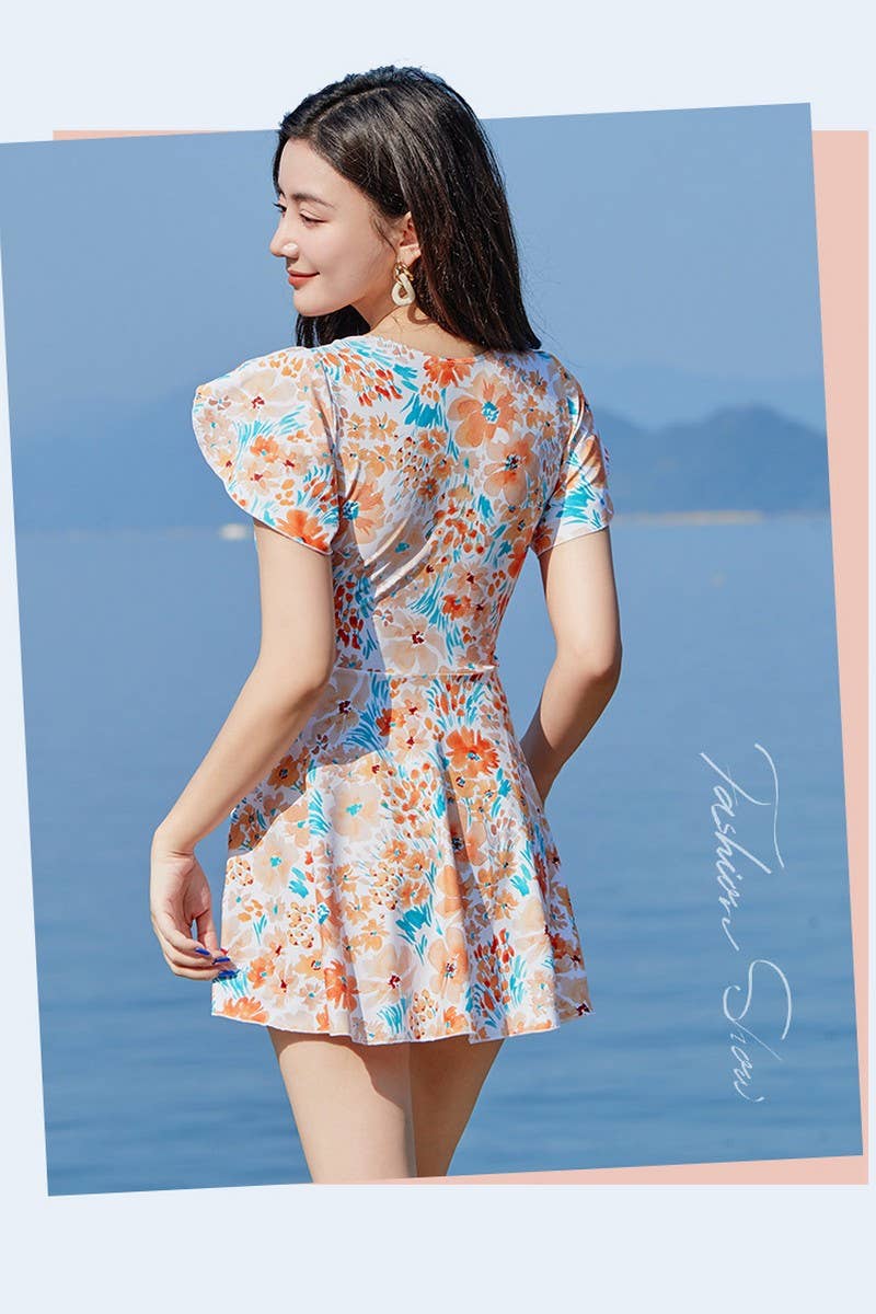 CWMW0863_V-NECK FLORAL SHORT-SLEEVED BEACH SWIMSUIT DRESS