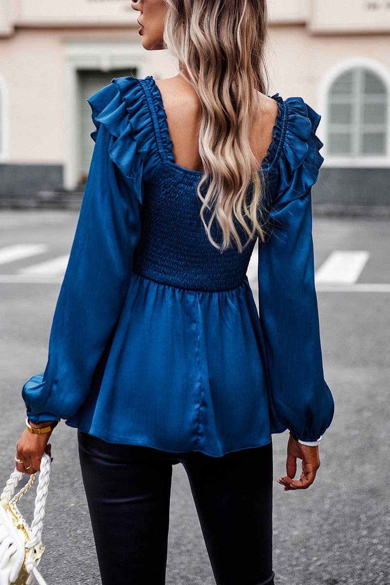 CWTBLL0397_Squre Neck Puff Sleeve Smocking Detailed Blouse