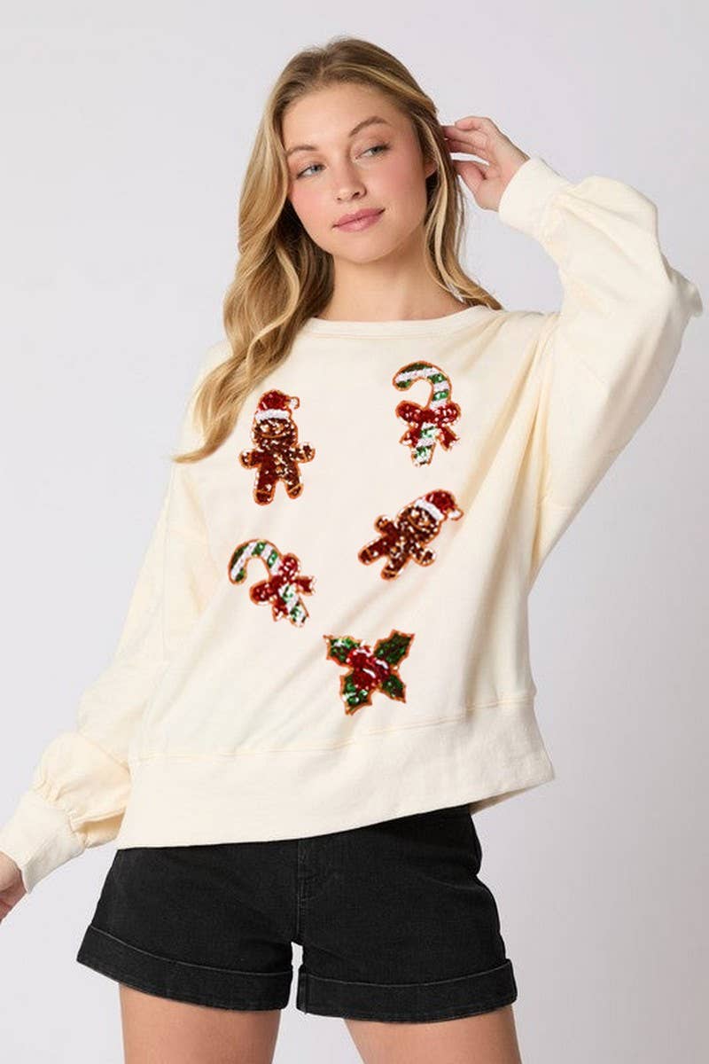 CWTBLL01238_SEQUIN GINGERBREAD MAN CHRISTMAS SWEATSHIRT