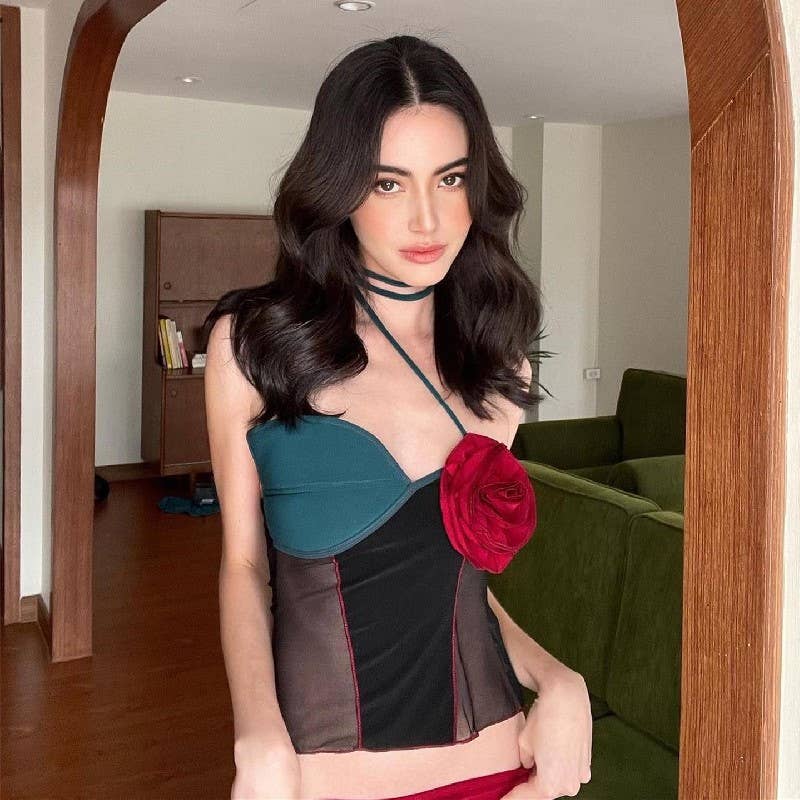 Colorblock floral 3D detail strapless top