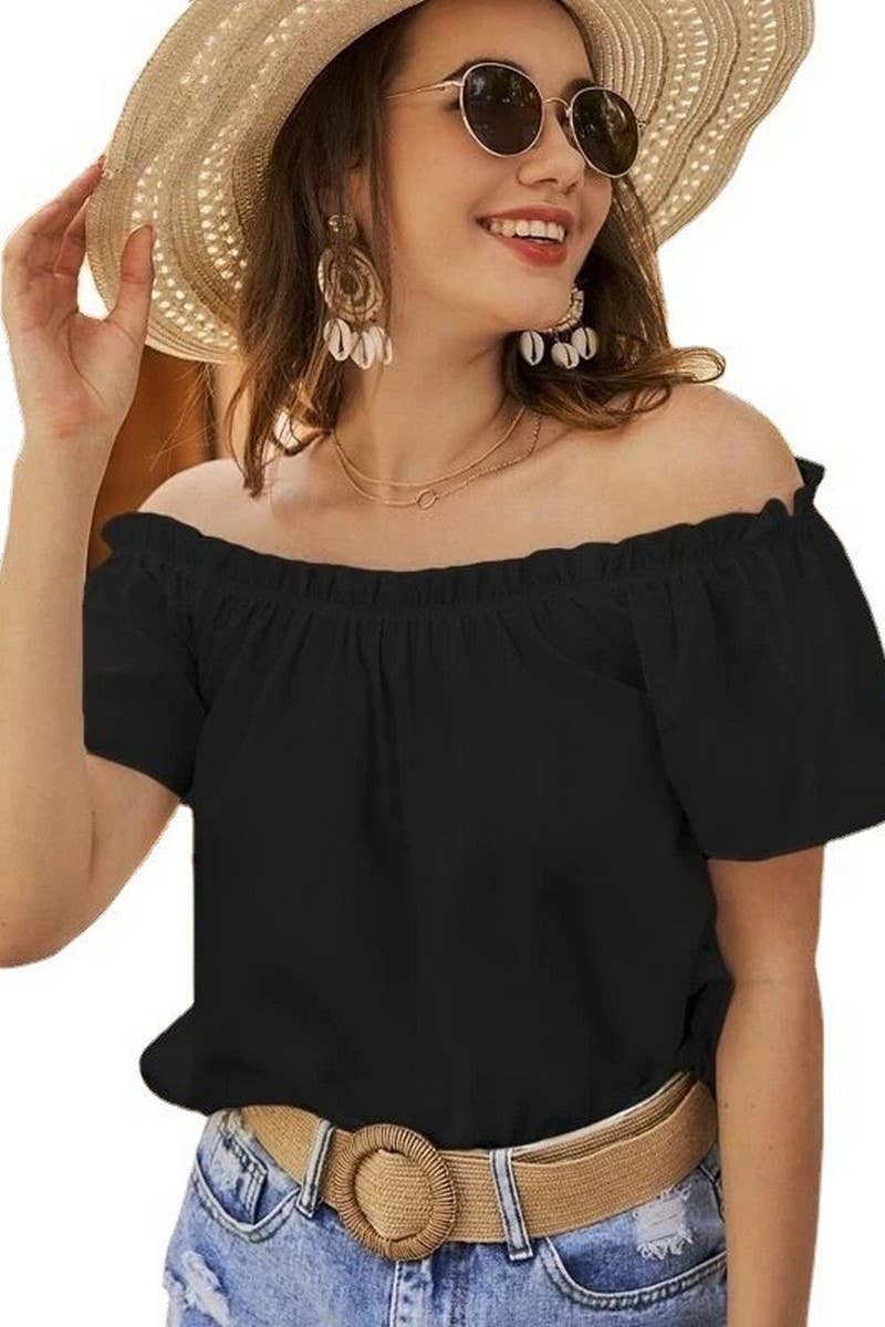 CWTBLS1493_SOLID COLOR OFF-SHOULDER RUFFLE SHIRT TOP