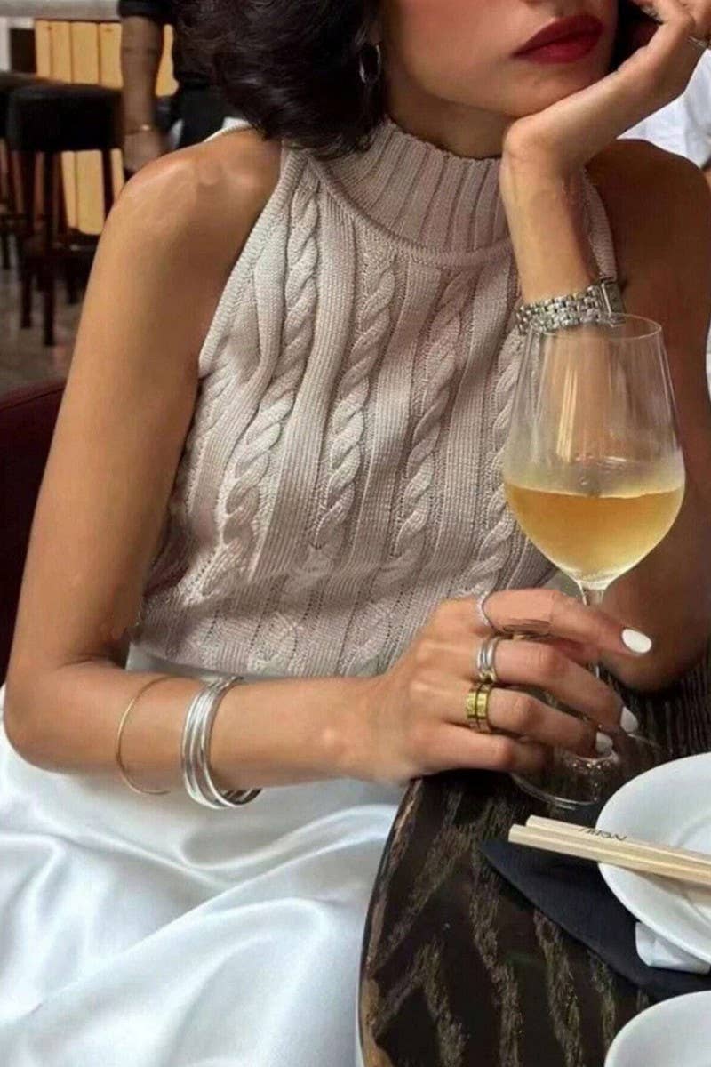 CWOV0763_CASUAL ELEGANT HALF TURTLENECK CABLE KNIT VEST