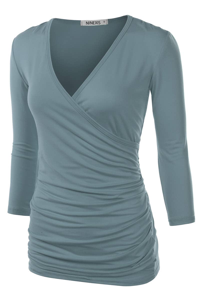 CWTTL1403_3/4 Sleeve Tank Tops Deep V-Neck Surplice Wrap