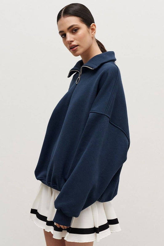 CWTBLL1670_FALL LAPEL ZIP-UP LONG-SLEEVED BAGGY TOP