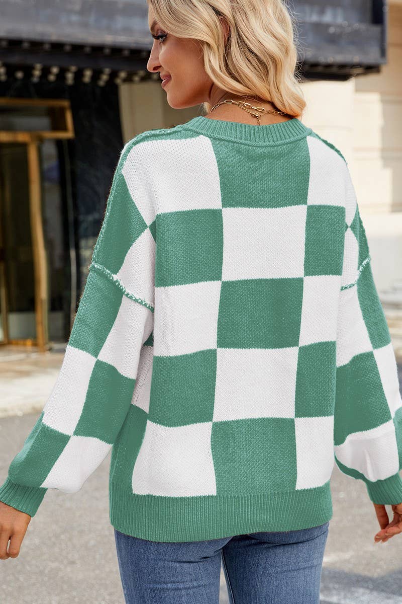 CWOSWL07726_LOOSE CASUAL PLAID COLORBLOCK SWEATER