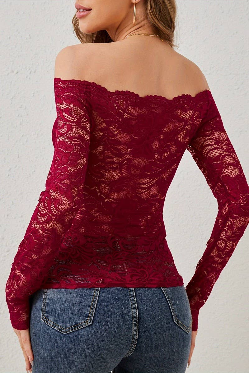 CWTBLL3469_SCALLOP NECK OFF SHOULDER LACE LONG SLEEVE TOP
