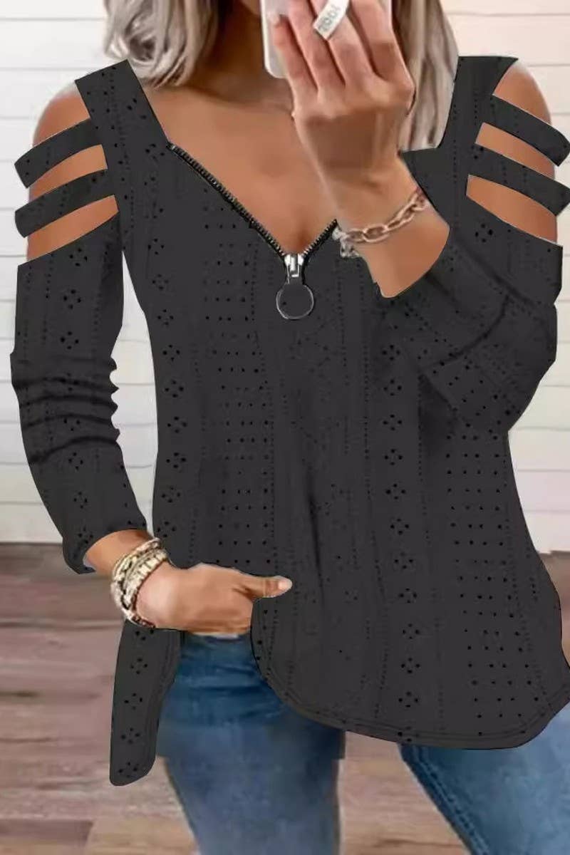 CWTBLL2868_V-NECK ZIPPER LOOSE SOLID COLOR LONG-SLEEVED TOP