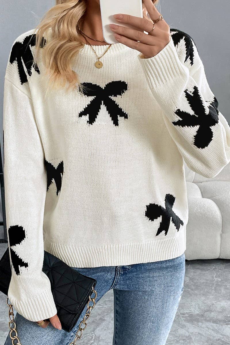 CWOSWL5876_CREW NECK BOW JACQUARD KNIT SWEATER