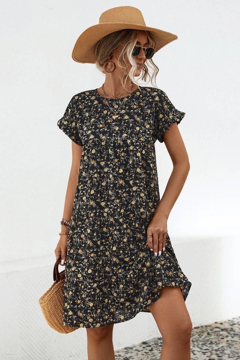 CWDSD4946_ROUND NECK FLORAL RUFFLE SLEEVE DRESS