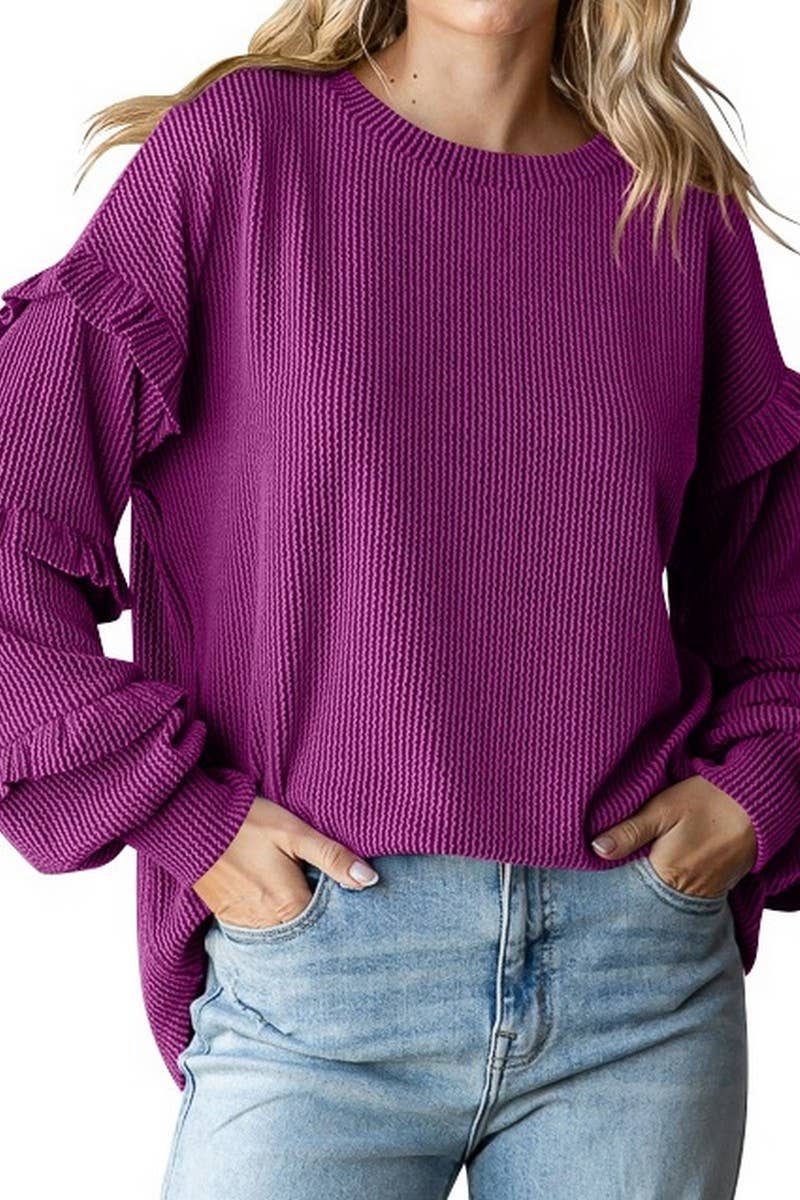 CWTBLL3202_BALLOON SLEEVE CREW NECK LAYERED SLEEVE PULLOVER