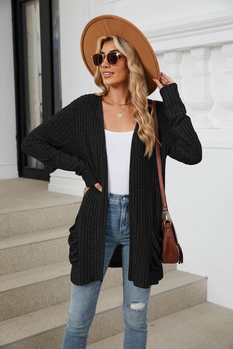 CWOCAL1881_SOLID COLOR POCKET LONG SLEEVE KNIT CARDIGAN