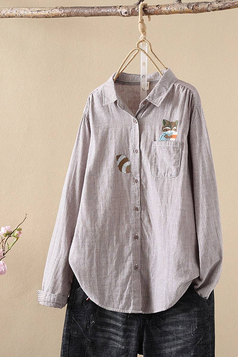 CWTSTL2249_FOX EMBROIDERED STRIPED COTTON SHIRT TOP