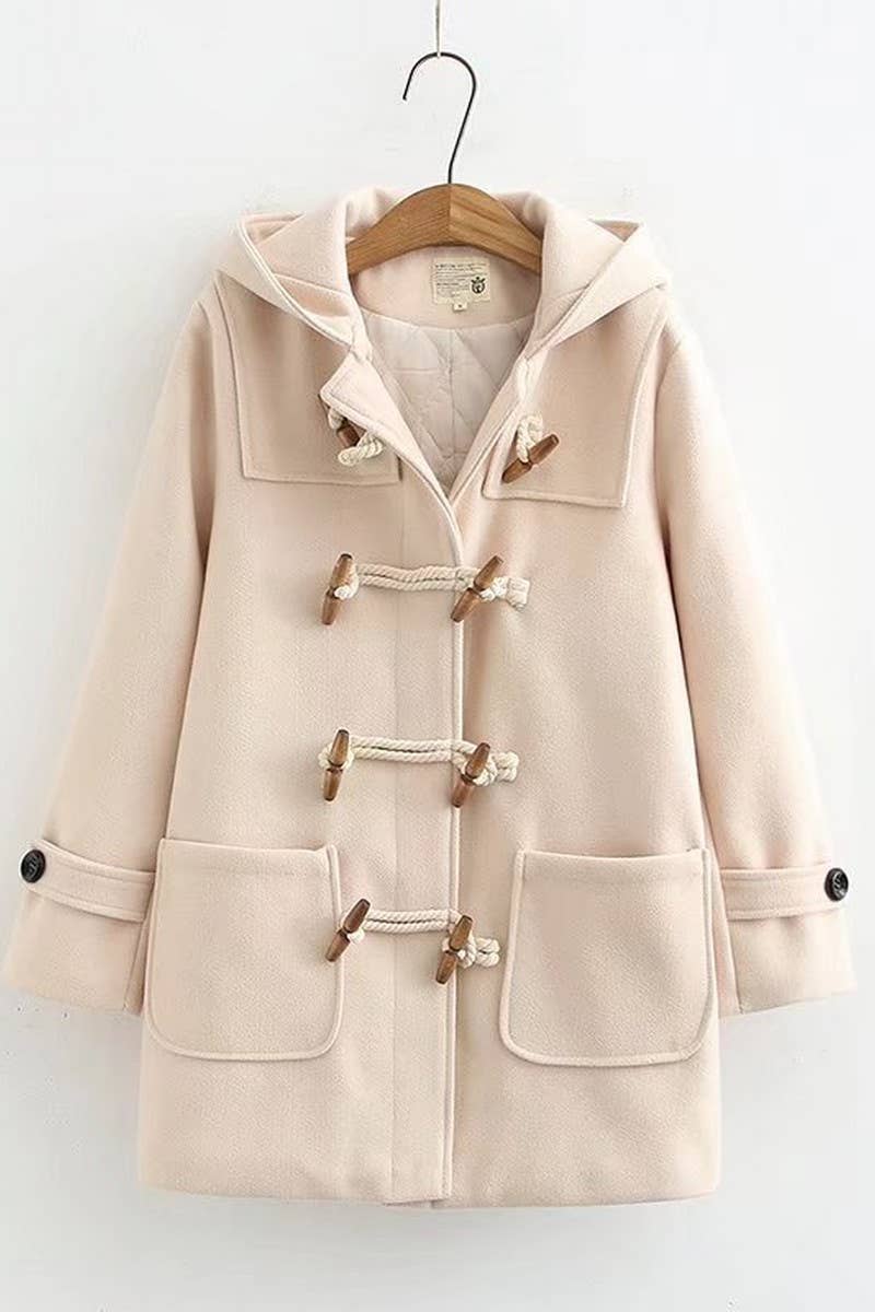 CWOCO0988_DOUBLE WOODEN BUTTON HOODED WOOLEN COAT