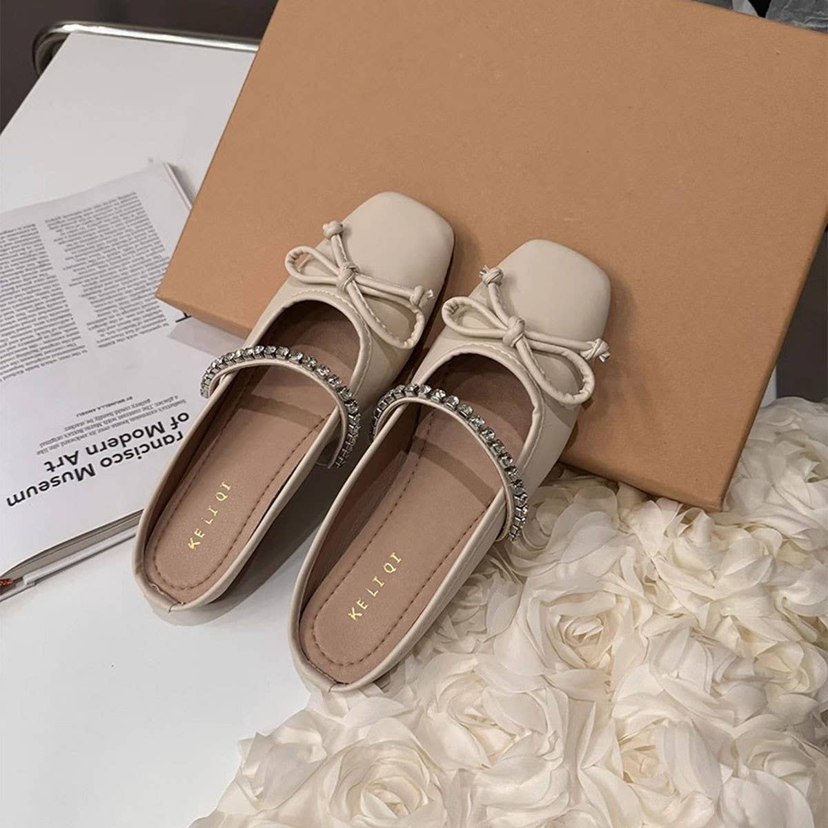 Silver Bow Mules for Women Flat Closed Toe