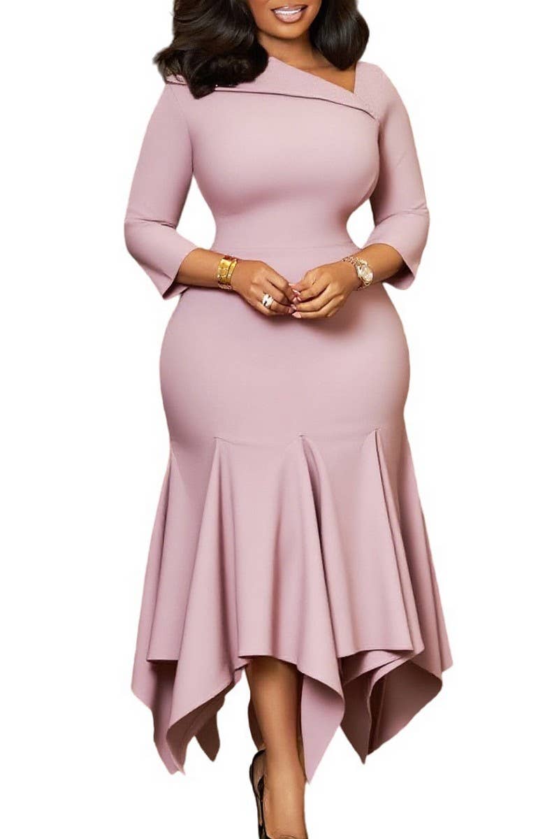CWDMD01253_2025 PLUS SIZE WOMEN ASYMMETRICAL NECK MIDI DRESS