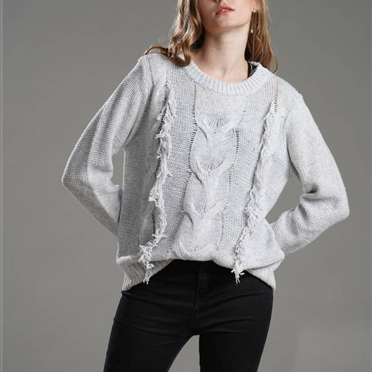 Crewneck long-sleeved pullover sweater with fringe