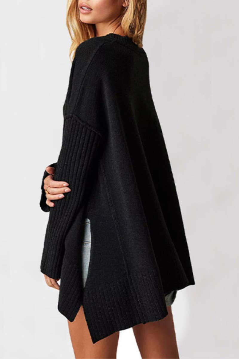 CWOSWL5822_V-NECK LONG SLEEVE SWEATER WITH IRREGULAR SPLIT