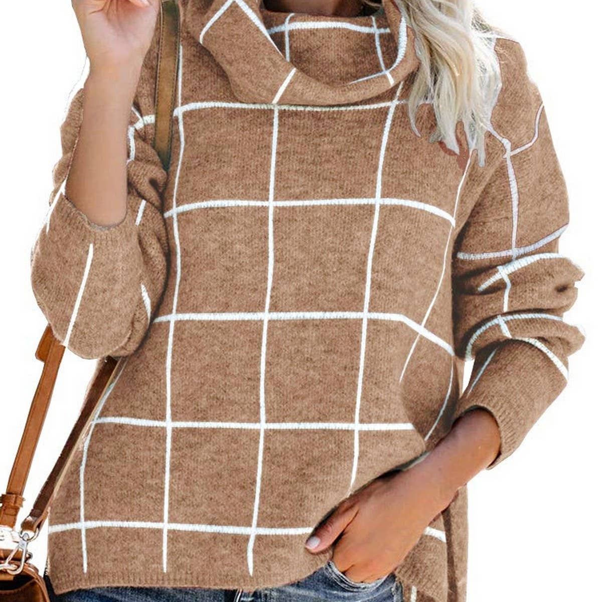 Check knit turtleneck sweater