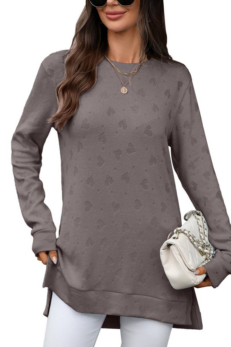 CWTBLL01288_ROUND NECK LONG SLEEVE SLIT SOLID COLOR TOP