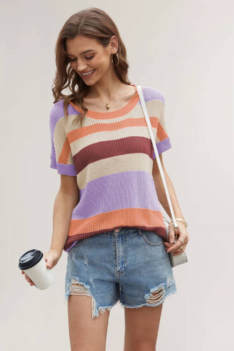CWTBLS0761_CREW-NECK PATCHWORK STRIPED SHORT-SLEEVED TOP