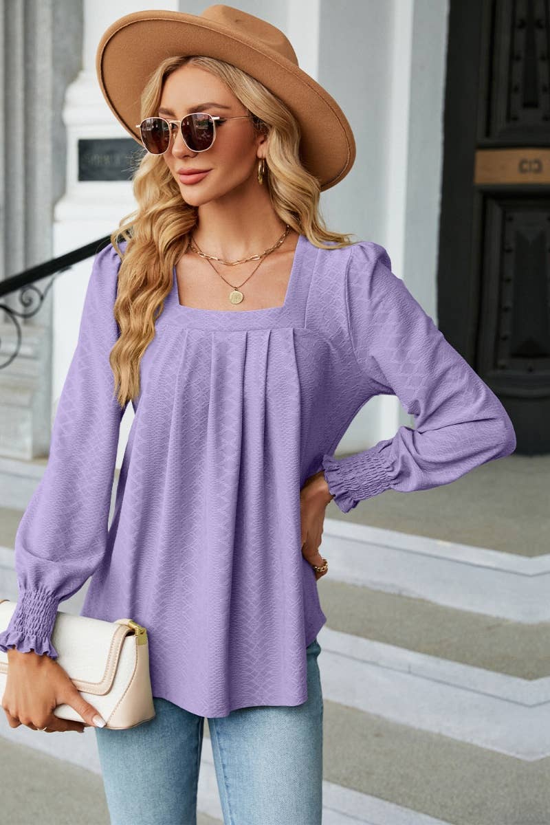 CWTBLL2936_SQUARE NECK JACQUARD PLEATED LONG-SLEEVED TOP