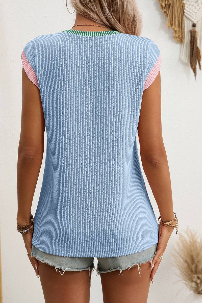 CWTBLSL0961_COLORBLOCK TWIST SEAM SLEEVELESS CREW NECK TANK