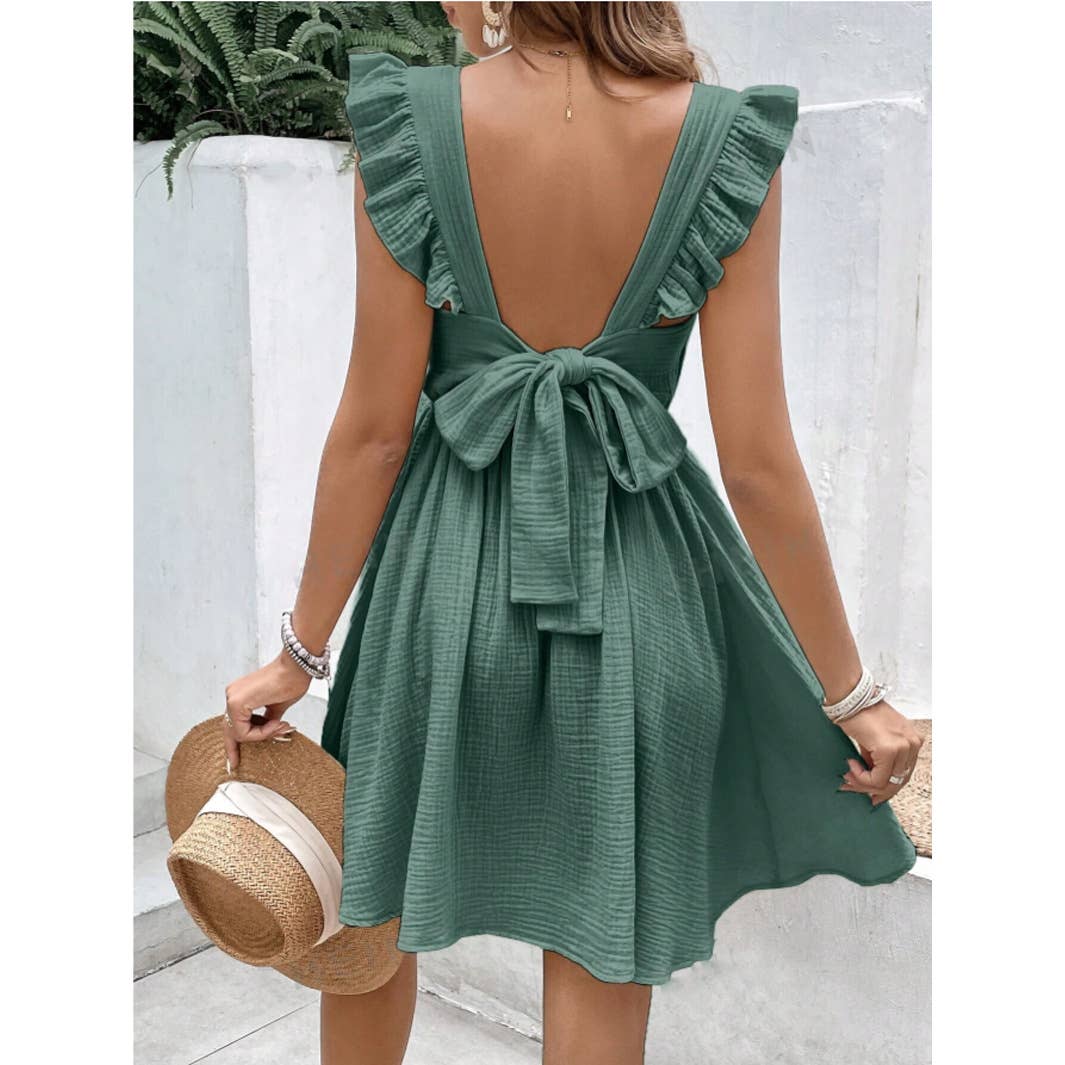 Backless ruffled solid-color cinched-waist dress