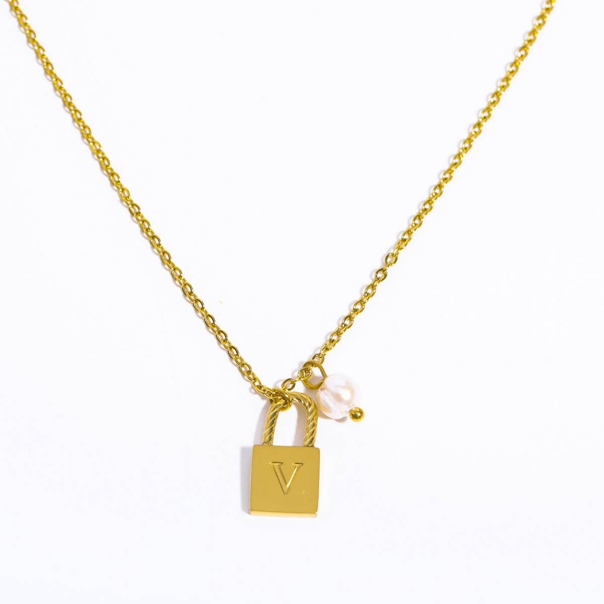 Stainless Steel Letter Pearl Lock Pendant Necklace_CWMM5298