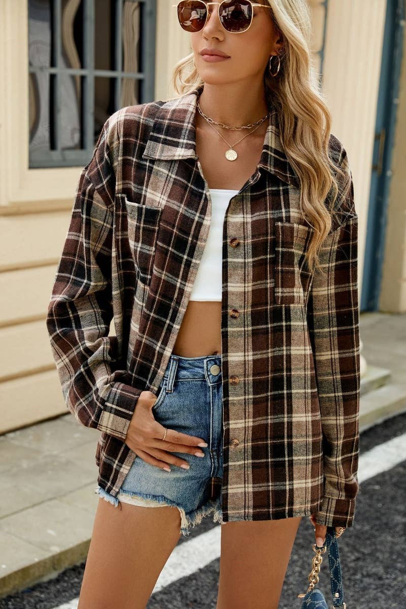 CWTSTL1711_STYLISH LONG SLEEVE POCKET PLAID SHIRT TOP
