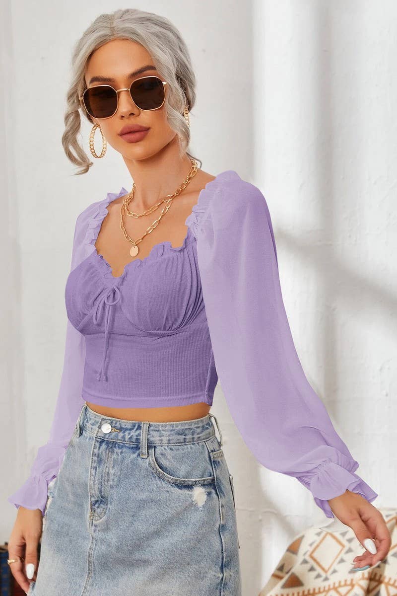 CWTBLL2261_SQUARE COLLAR RUFFLED LONG SLEEVE SHORT TOP