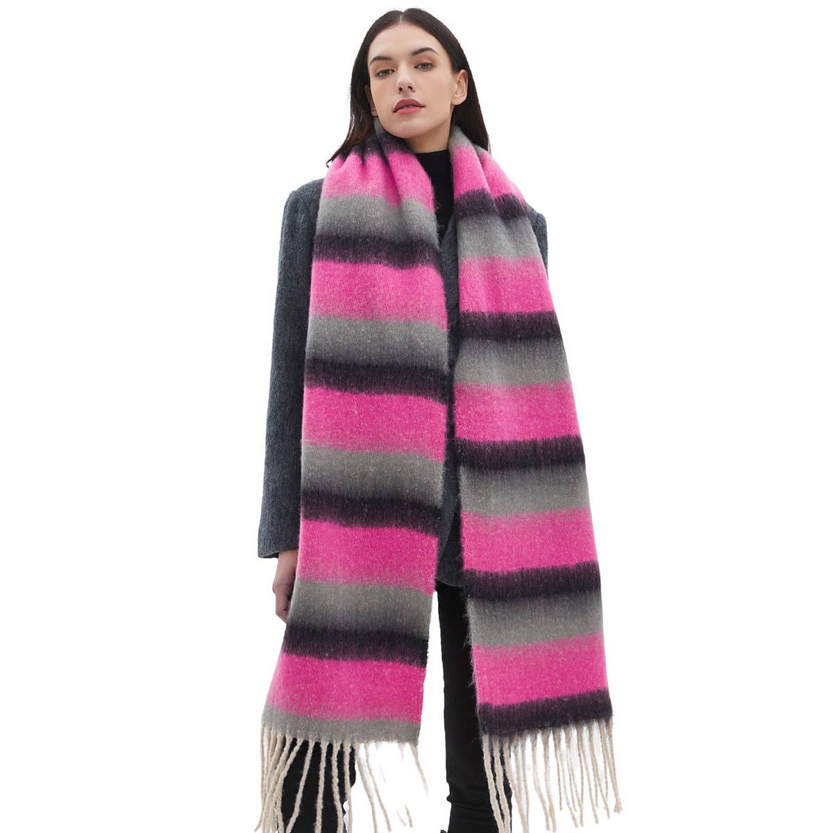 Chunky Fringe Stripe Scarf ?  Winter Yarn Wrap