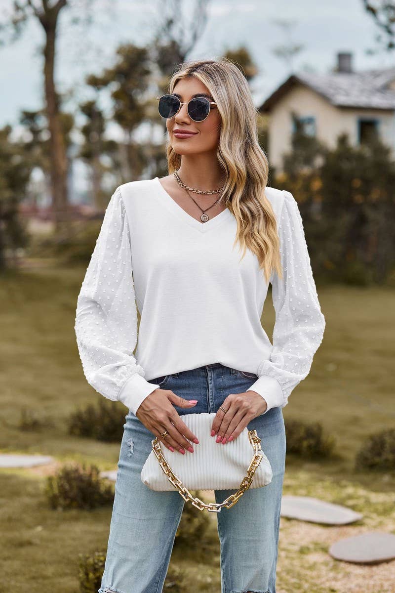 CWTBLL1047_LONG-SLEEVED V-NECK MESH PATCHWORK LOOSE TOP