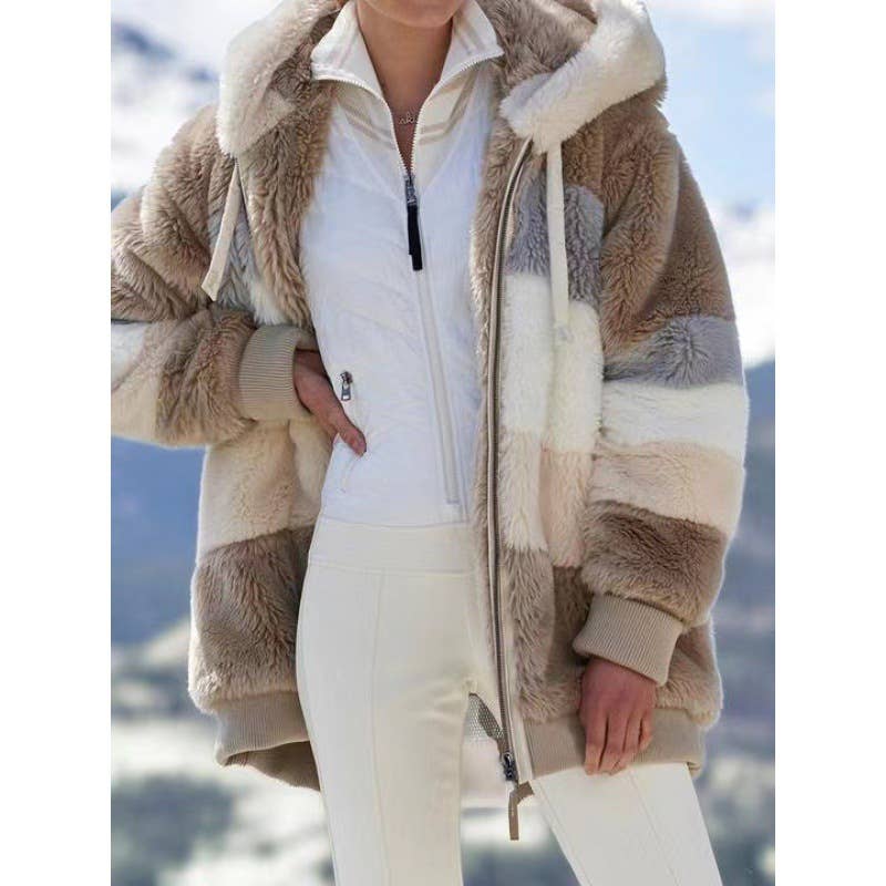 FLEECE PATCHWORK ZIPPER POCKET HOODED JACKET