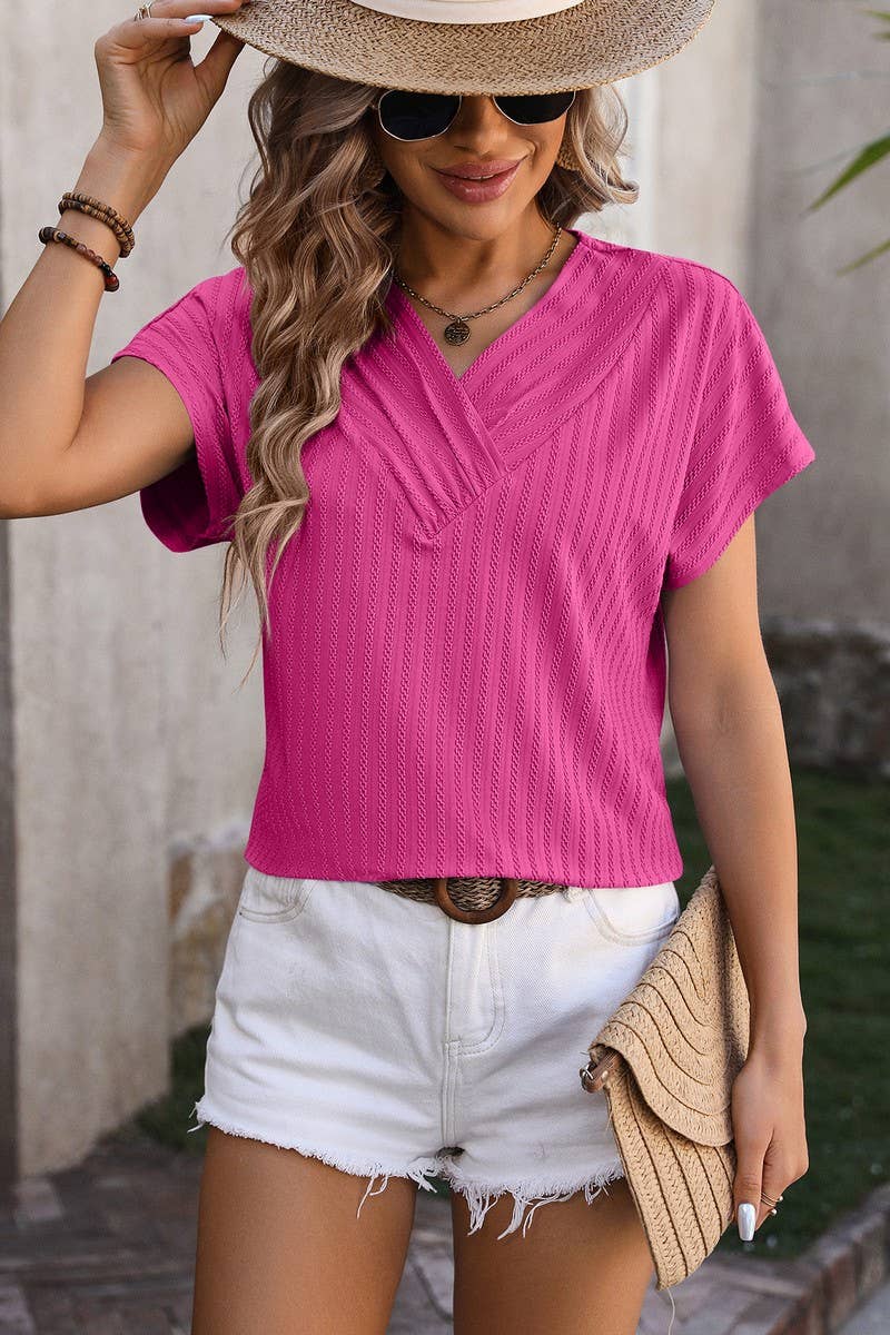 CWTBLS0916_V-NECK CHAIN JACQUARD TOP SHORT SLEEVE