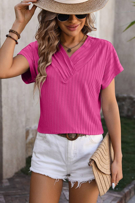 CWTBLS0916_V-NECK CHAIN JACQUARD TOP SHORT SLEEVE